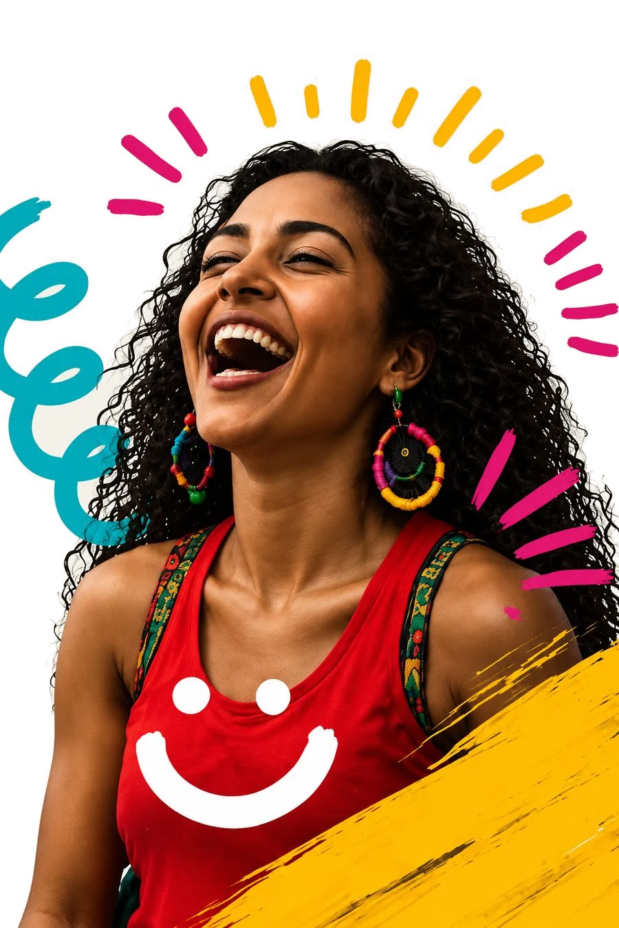 Mujer riendo con aretes de colores y el logo sonriente de Cumbia la actitud