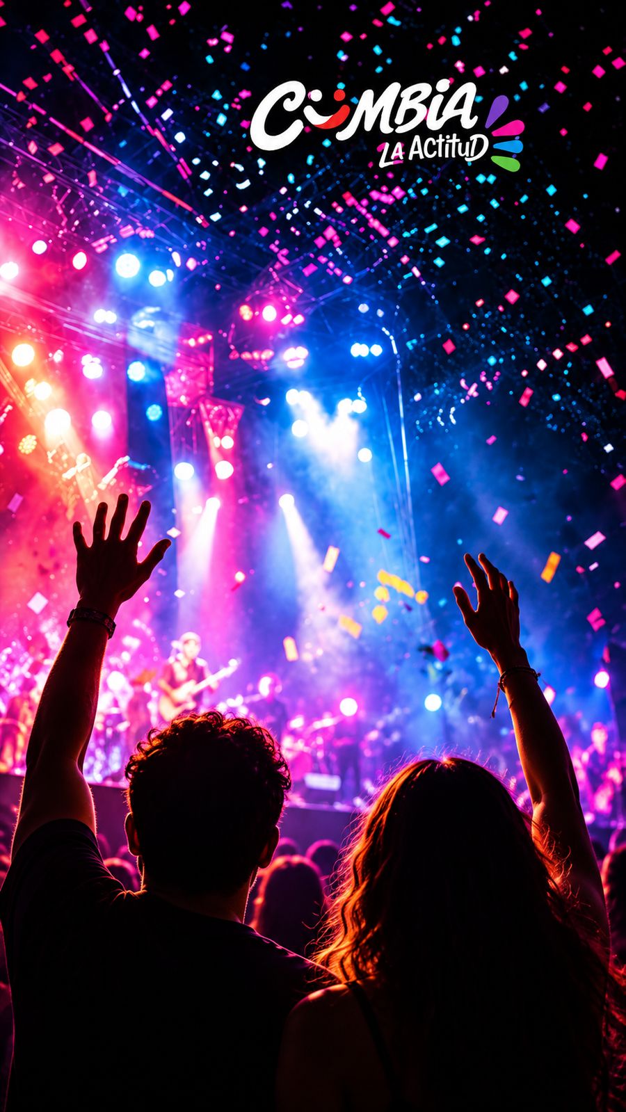 Público con las manos arriba frente al escenario, entre luces y confeti