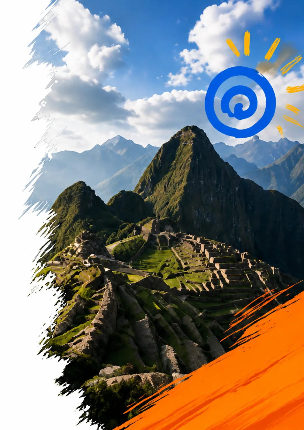 Machu Picchu entre montañas, con el sol y el espiral de la marca pintados a mano